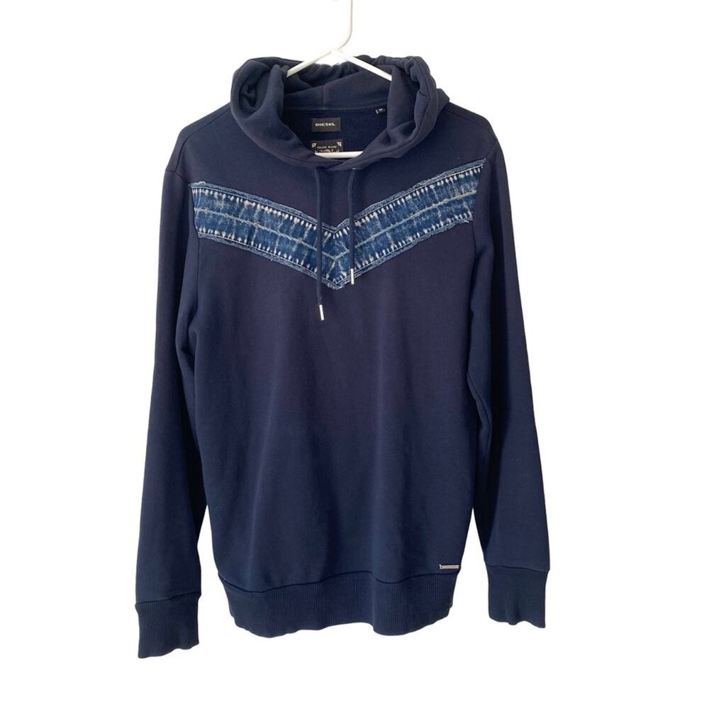 Diesel Men’s Navy Blue Hoodie with Denim Accents size medium